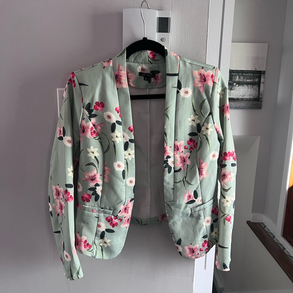 Michele Green and Pink Floral Blazer with Relaxed Fit